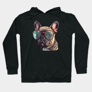 French Bulldog Retro Vibes - Geeky Bulldog Wearing Glasses Hoodie